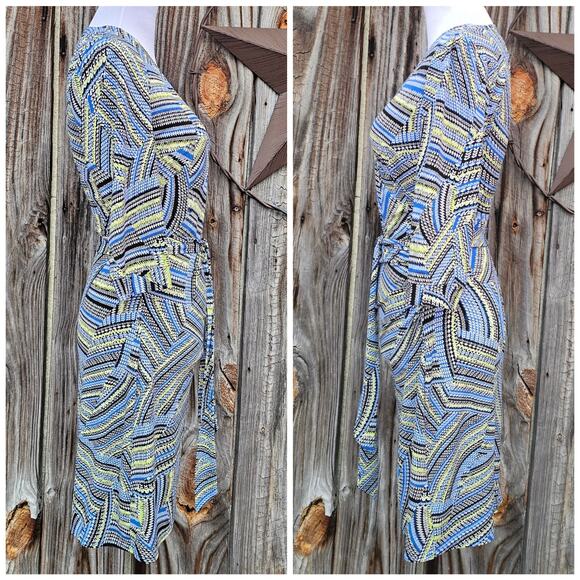 Stripe Patchwork Dress Stretch Surplice Size XS Laundry Shelli Segal Green Blue - Picture 2 of 8